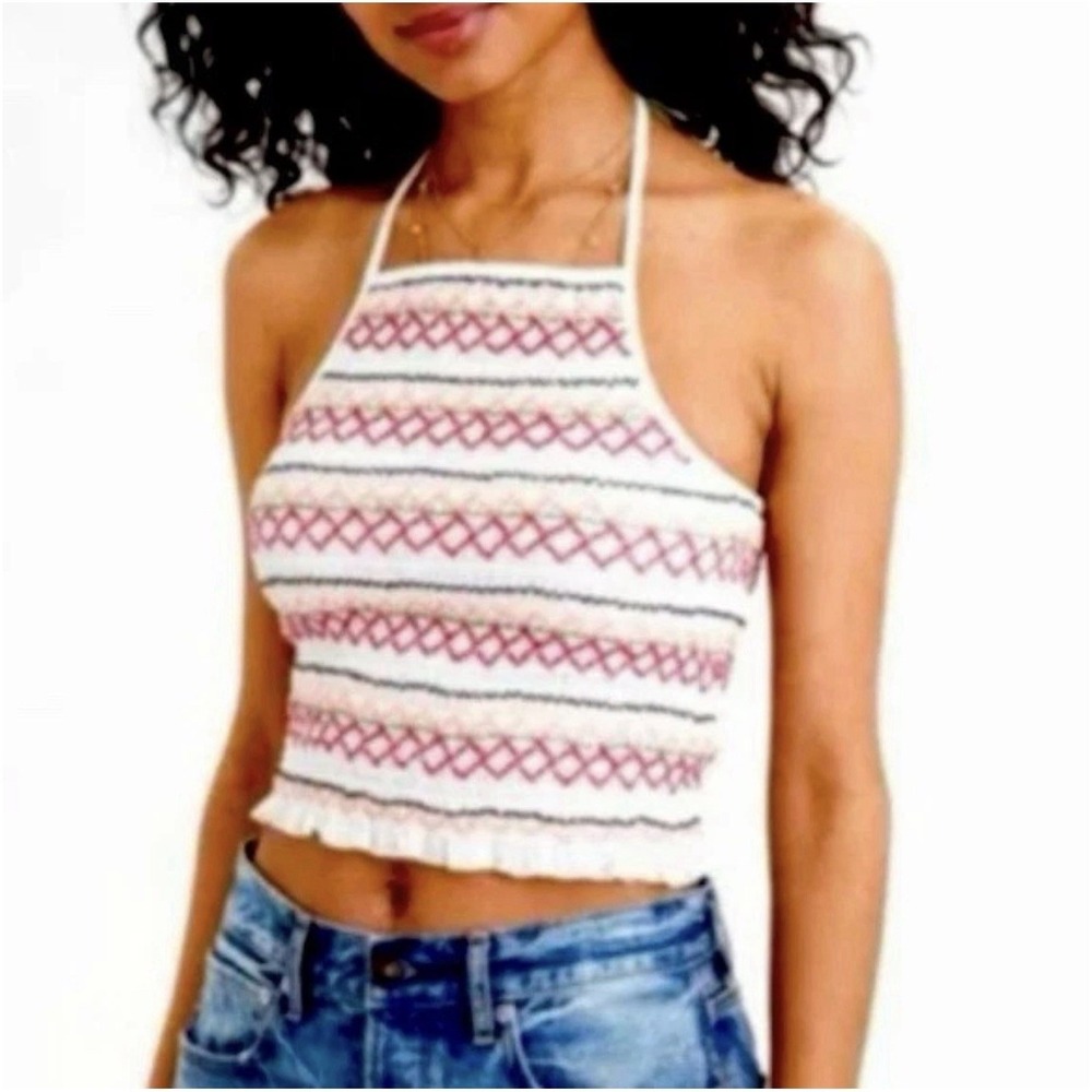 American Eagle Smocked Pink White Halter Crop Top Petite Small‎ Festival Boho